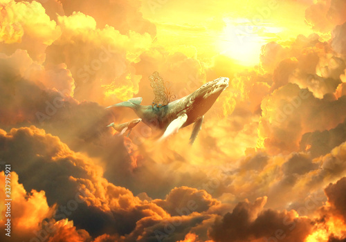 Artistic 3d illustration of a whale floating in the sky between clouds towards the sun