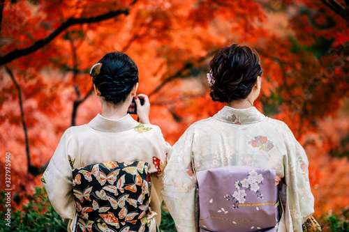 Young women wearing traditional Japanese Kimono with colorful maple trees in autumn is famous in autumn color leaves and cherry blossom in spring, Kyoto, Japan.