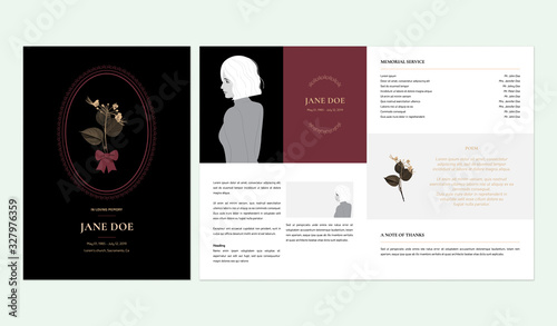 Floral memorial and funeral invitation card template design, peacock flower, black and red tone