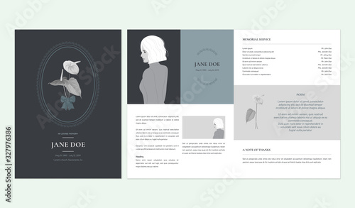 Floral memorial and funeral invitation card template design, Anthurium flower, dark grey and blue tone