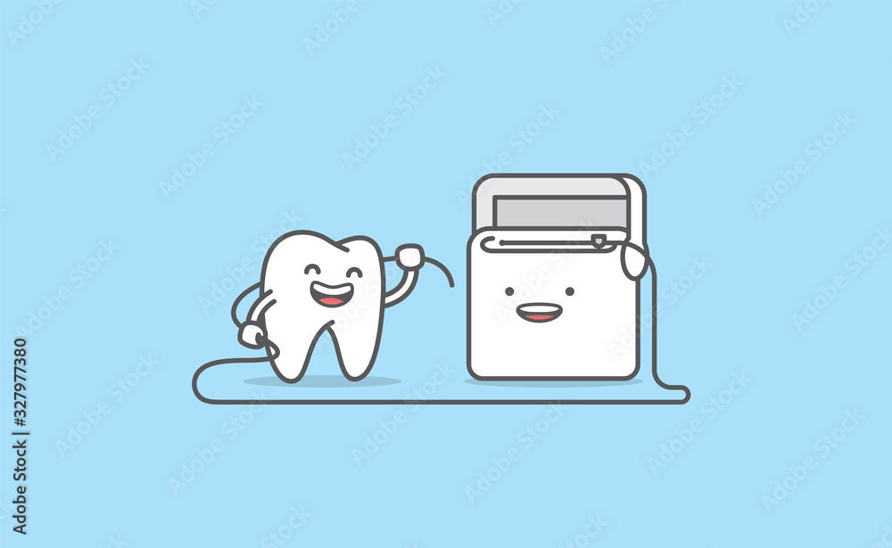 Dental cartoon of a white tooth cleaning with dental floss illustration ...