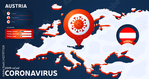 Isometric map of Europe with highlighted country Austria vector illustration. coronavirus statistics. 2019-nCoV Dangerous chinese ncov corona virus. infographic and country info.