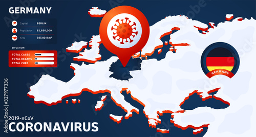 Isometric map of Europe with highlighted country Germany vector illustration. coronavirus statistics. 2019-nCoV Dangerous chinese ncov corona virus. infographic and country info.