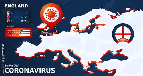 Isometric map of Europe with highlighted country England vector illustration. coronavirus statistics. 2019-nCoV Dangerous chinese ncov corona virus. infographic and country info.