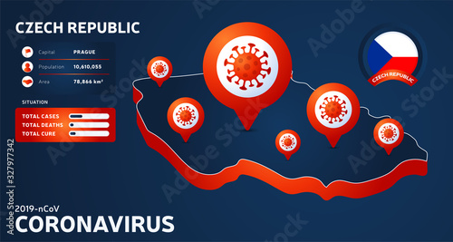 Isometric map of Czech Republic with highlighted country vector illustration on dark background. coronavirus statistics. 2019-nCoV Dangerous chinese ncov corona virus. infographic and country info.