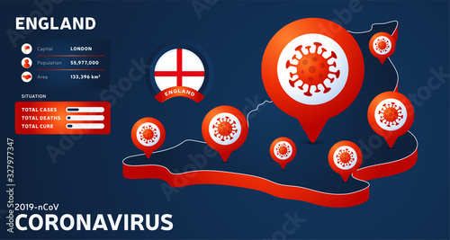 Isometric map of England with highlighted country vector illustration on dark background. coronavirus statistics. 2019-nCoV Dangerous chinese ncov corona virus. infographic and country info.