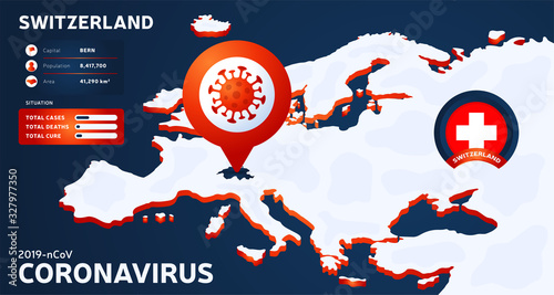 Isometric map of Europe with highlighted country Switzerland vector illustration. coronavirus statistics. 2019-nCoV Dangerous chinese ncov corona virus. infographic and country info.