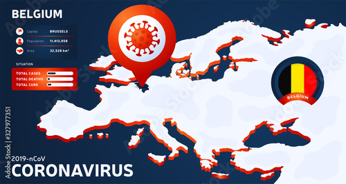 Isometric map of Europe with highlighted country Belgium vector illustration. coronavirus statistics. 2019-nCoV Dangerous chinese ncov corona virus. infographic and country info.