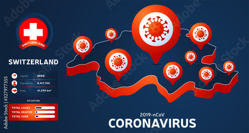 Isometric map of Switzerland with highlighted country vector illustration on dark background. coronavirus statistics. 2019-nCoV Dangerous chinese ncov corona virus. infographic and country info.