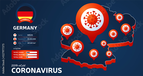 Isometric map of Germany with highlighted country vector illustration on dark background. coronavirus statistics. 2019-nCoV Dangerous chinese ncov corona virus. infographic and country info.