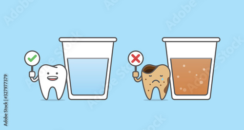 Dental cartoon of a healthy tooth with glass of water and a caries tooth with glass of soda drink illustration cartoon character vector design on blue background.  Dental care concept.