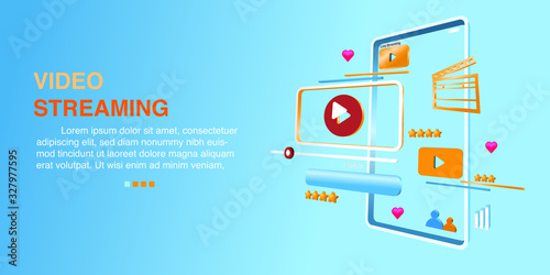 Video Streaming online concept technology. Live Broadcast Tv series or News, Sport on Smartphone design with copy space and banner size for website or social media use.