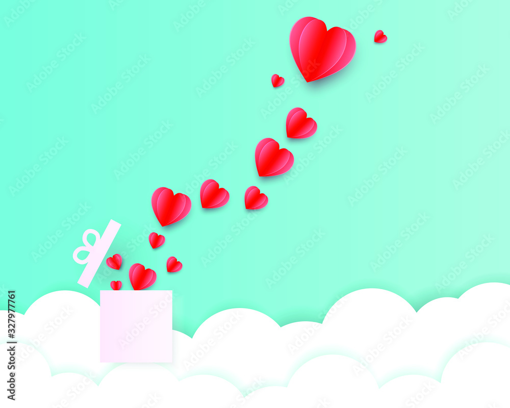 Love red heart balloon paper cut with gift box on blue background for Invitation card, Valentine. Heart paper flying, clouds, surprise present in blue sky feel happy and joyful. Paper art design.