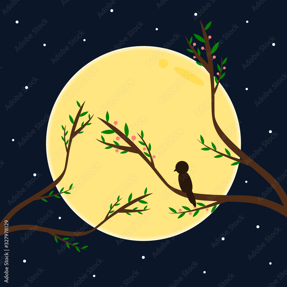 A little bird looking at the moon. Night nature in the moonlight. Moon and bird. A little bird looking at the moon. Night nature in the moonlight. Moon and bird.
