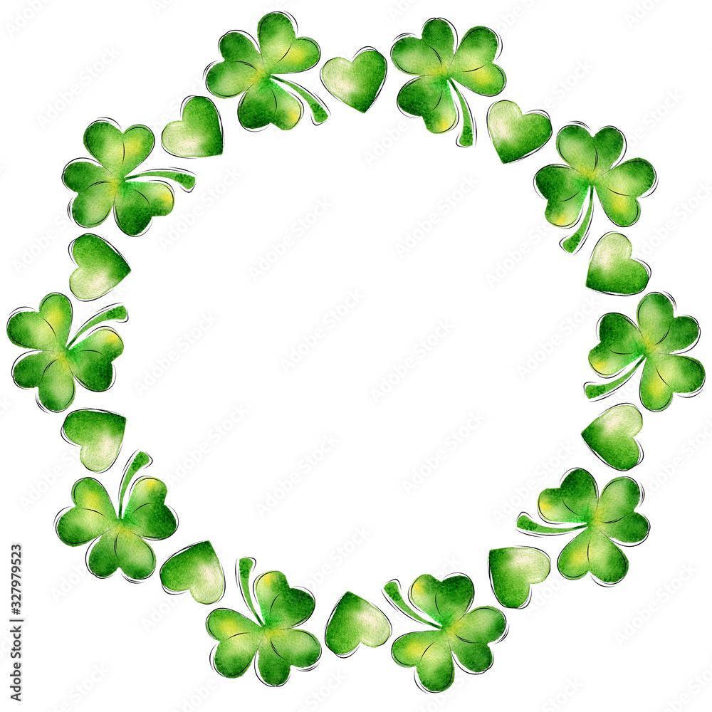 St. Patrick's Day round frame. Holiday card with watercolor clover mandala St. Patrick's Day round frame. Holiday card with watercolor clover mandala