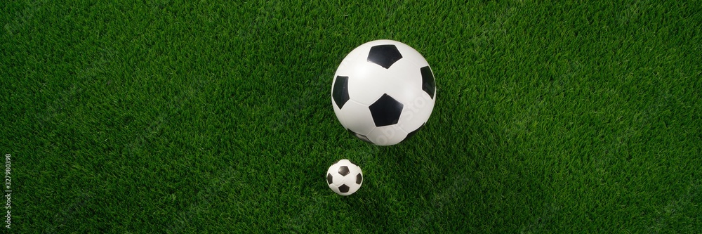 Soccer balls on the green grass. Concept World Cup. Flat lay. Copy space. Banner.