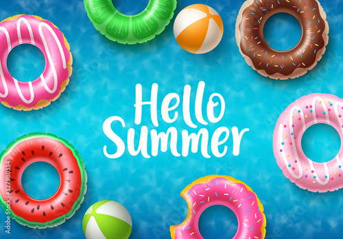 Hello summer vector banner design. Hello summer text with floating summer beach elements like colorful donut floaters and beach ball in top view background for holiday season. Vector illustration