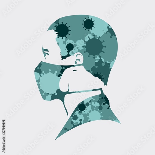 Abstract icon of man wearing a medical mask. Group of viruses on backdrop. Double exposure effect