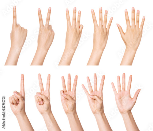 A set, group of hand gesture(number) isolated on white.