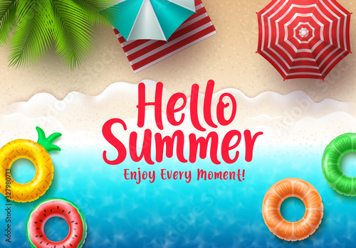 Hello summer text vector banner. Summer beach top view with colorful floating beach elements, umbrella and tropical palm tree in seashore background for holiday season. Vector illustration. 