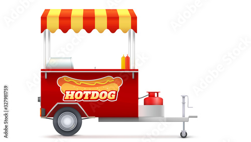 Realistic red hot dog cart with striped canopy. Street business, food market. Kiosk seller of fast food. Icons isolated on white. Vector 3d illustration