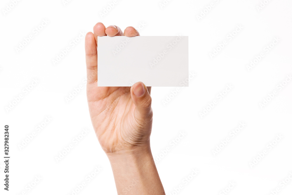 Woman hand hold a empty name card isolated on white. Woman hand hold a empty name card isolated on white.