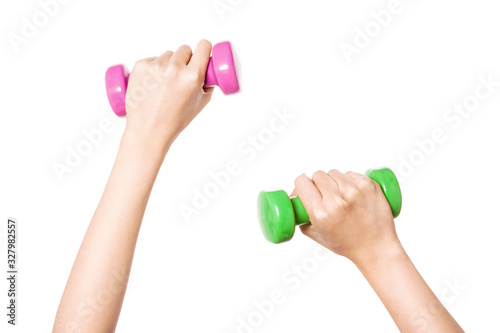 Woman hand hold a dumbell isolated on white.