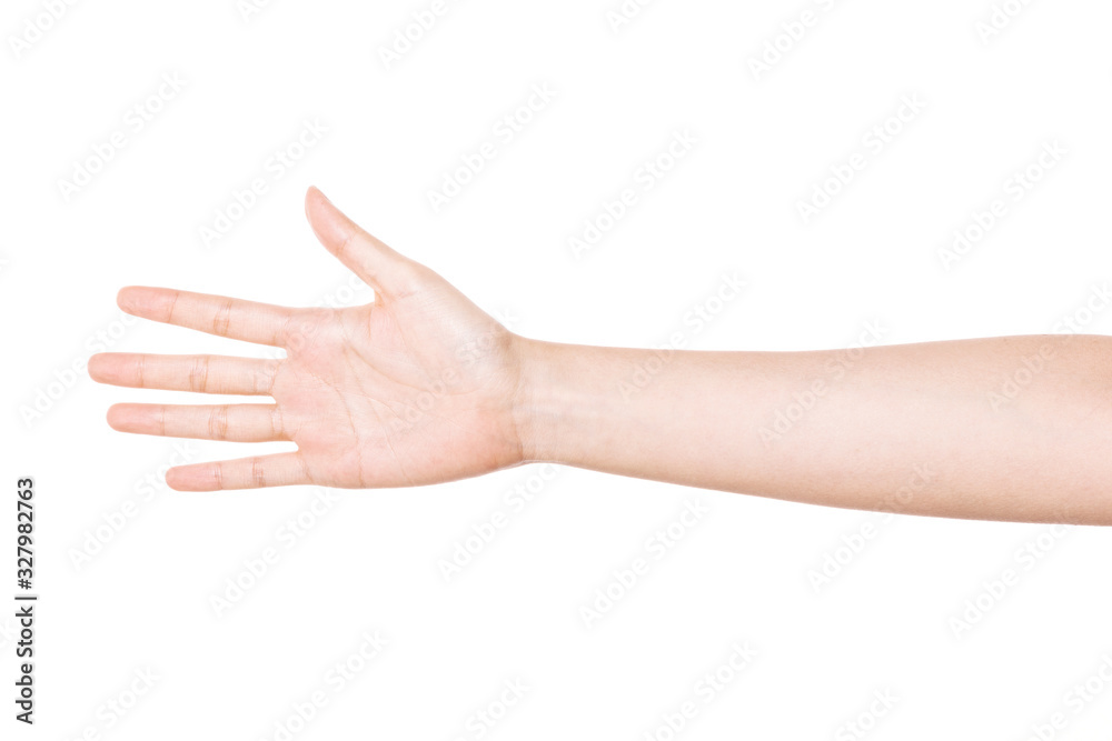 woman hand gesture (number 5) isolated on white.