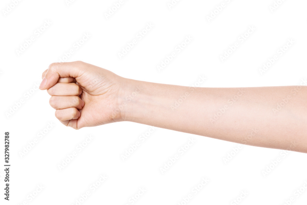 woman hand gesture (power, fist, attack) isolated on white. woman hand gesture (power, fist, attack) isolated on white.