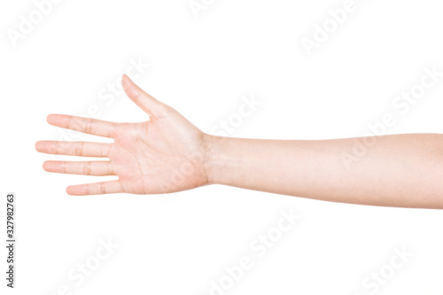 woman hand gesture (number 5) isolated on white.