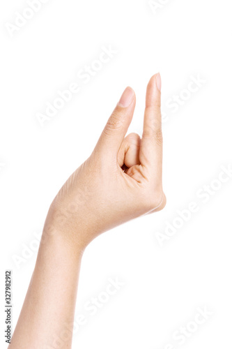 woman hand gesture (hold, pick, measure,estimate) isolated on white.