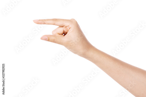woman hand gesture (hold, pick, measure,estimate) isolated on white.
