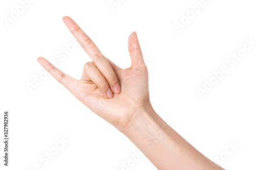 woman hand gesture (devil, rock'n roll) isolated on white. © dohee