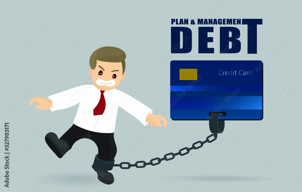 Bussiness man with heavy credit card debt financial management trouble burden.