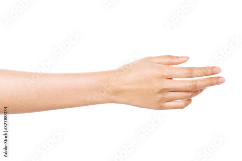 woman hand gesture (give, help) isolated on white. photo