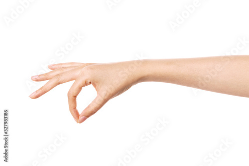 woman hand gesture (hold, pick, measure,estimate) isolated on white.