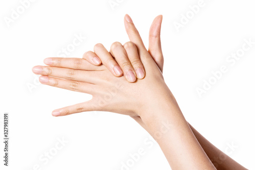 woman hand gesture  a dog  isolated on white.