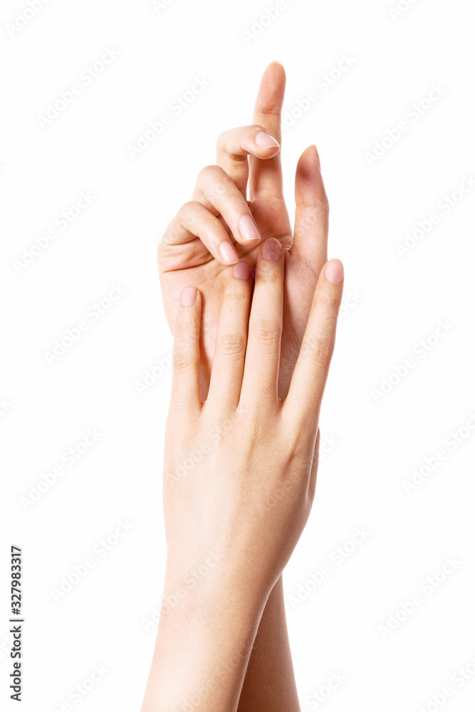 Woman two hands touch each other for cosmetic isolated on white. Woman two hands touch each other for cosmetic isolated on white.