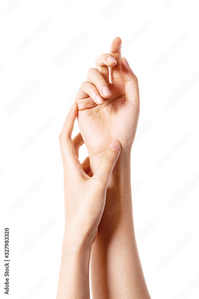 Woman two hands touch each other for cosmetic isolated on white. Woman two hands touch each other for cosmetic isolated on white.
