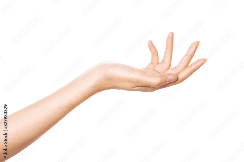 woman hand gesture (give, recieve, share) isolated on white.
