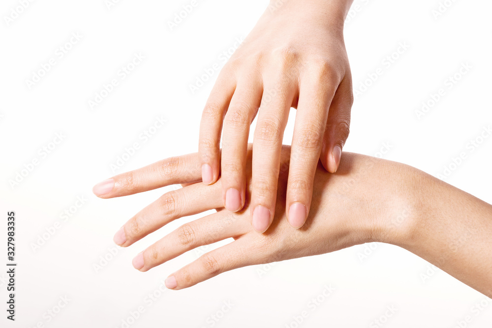 Woman two hands touch each other for cosmetic isolated on white.