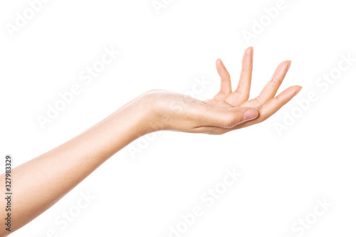 woman hand gesture (give, recieve, share) isolated on white.