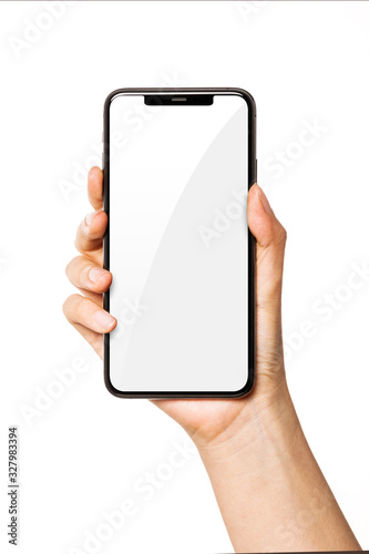Woman hand hold a smartphone, empty screen side isolated on white.