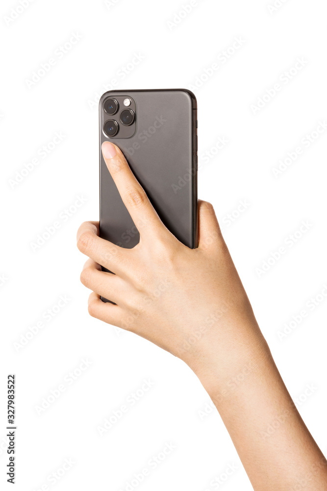 Woman hand hold a smartphone, camera side isolated on white. Woman hand hold a smartphone, camera side isolated on white.