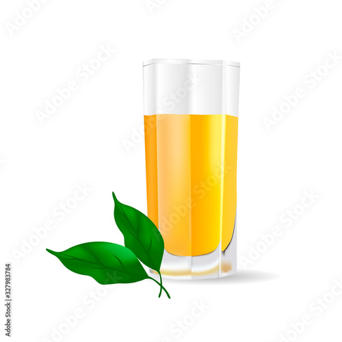 Vector glass of fruit juice with leaves on a white background.