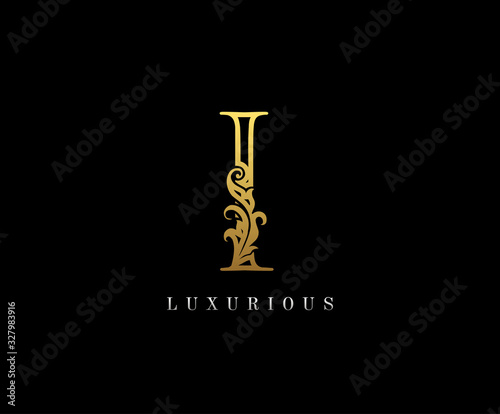 Gold Letter I Logo Icon . I Letter Design Vector with Golden Colors and Floral Hand Drawn.
