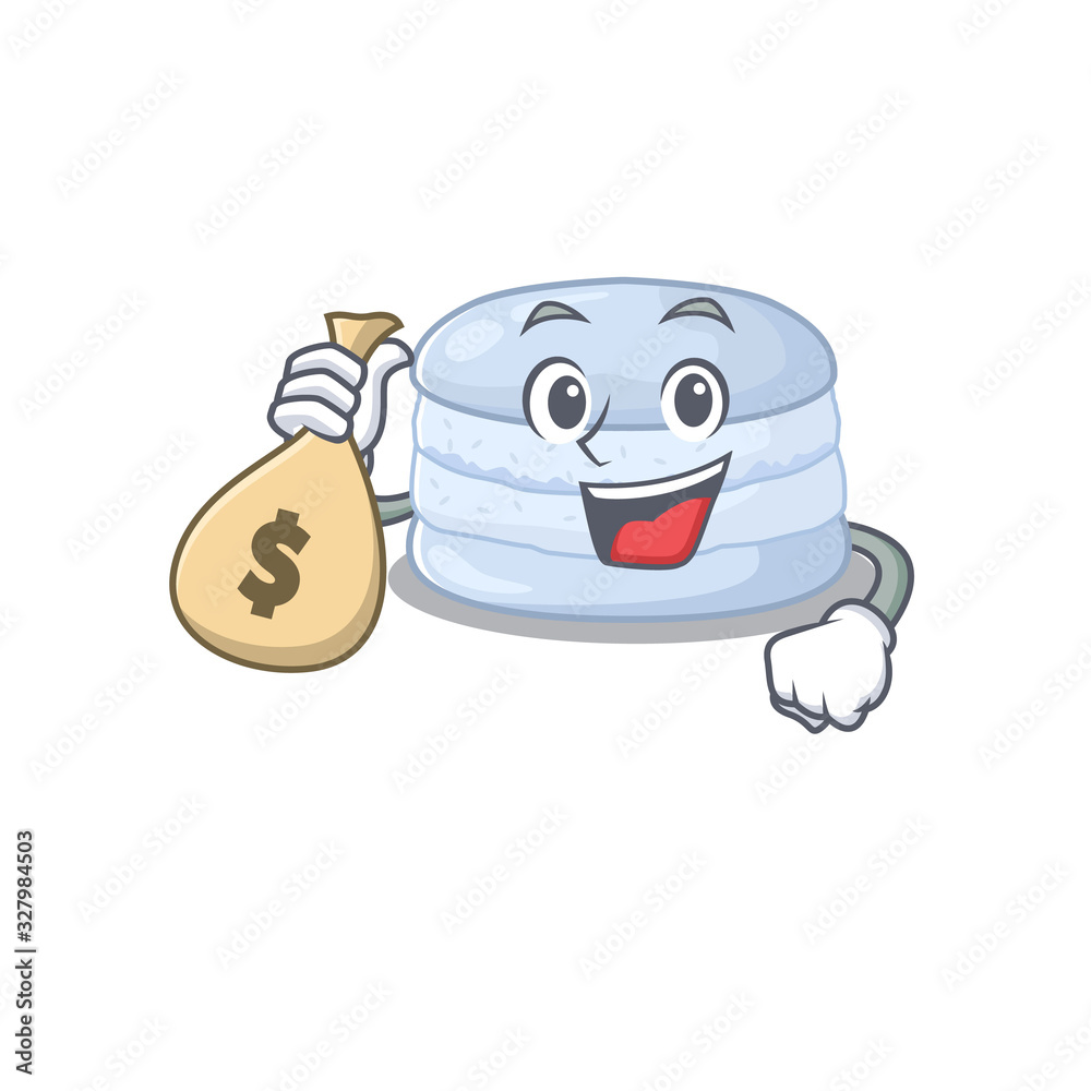 Rich and famous blueberry macaron cartoon character holding money bag