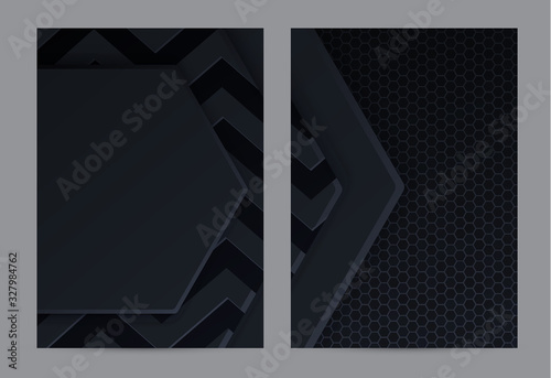 Black honeycomb tiles. Brochure cover. Hexagon geometry pattern. Minimal black background of honeycomb for modern cover, ad baner, web.