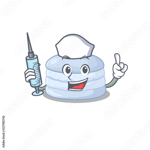 A blueberry macaron hospitable Nurse character with a syringe