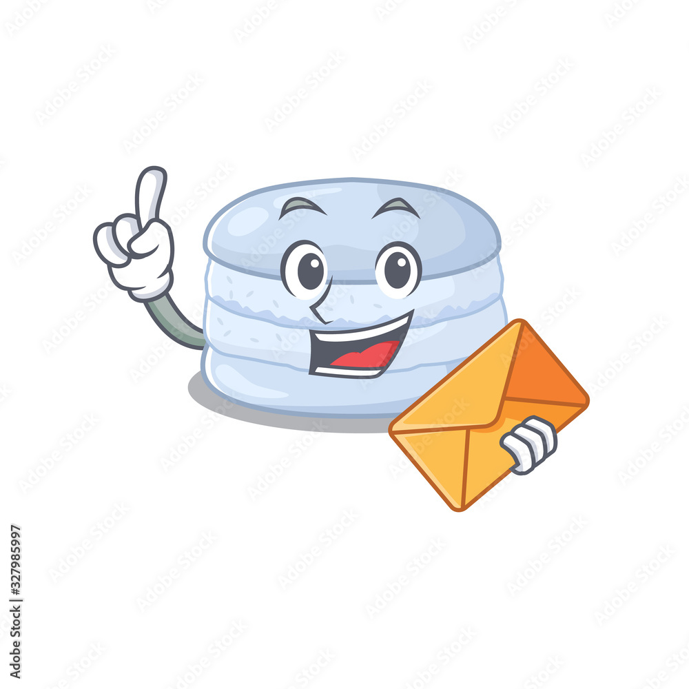 Happy face blueberry macaron mascot design with envelope Happy face blueberry macaron mascot design with envelope